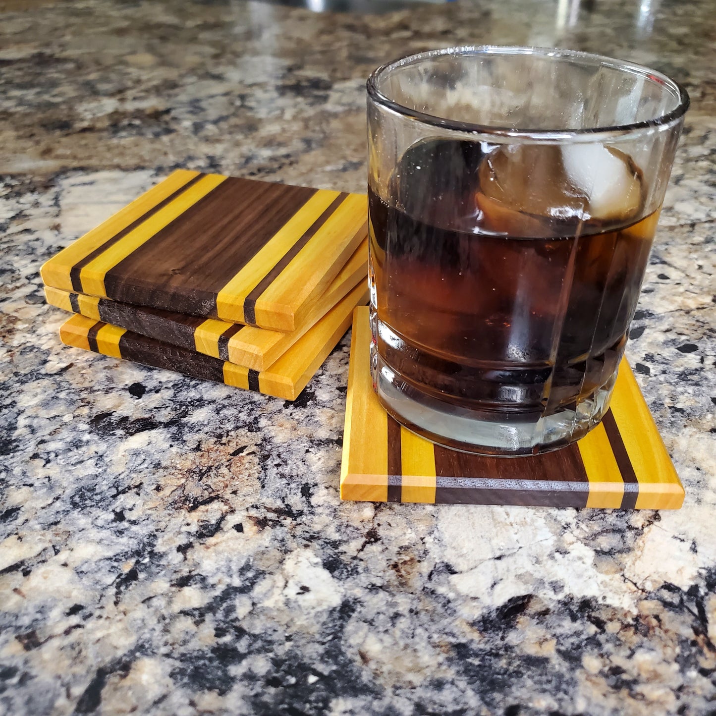 Premium handmade Sunflower Fields coasters made from walnut and yellow heart by Lone Wolf Wood Designs