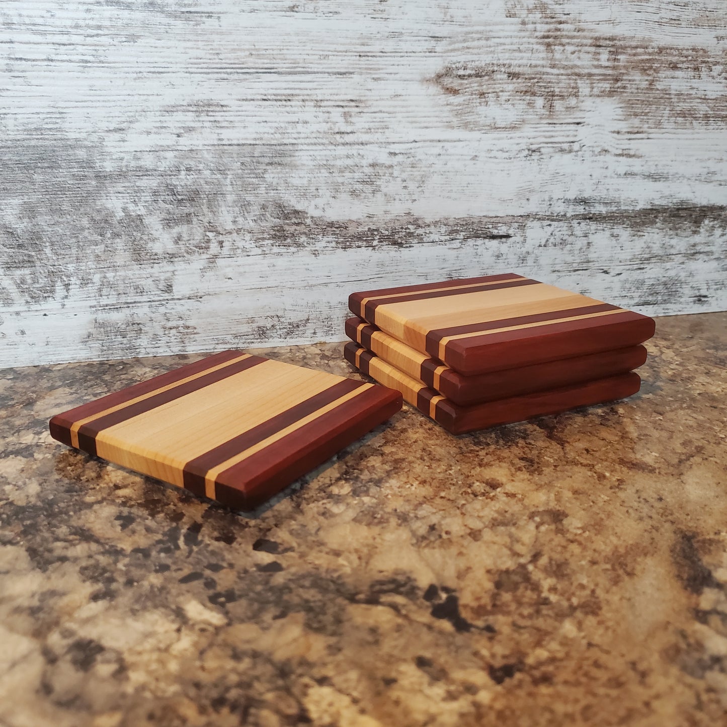 Premium handmade Winter Bliss coasters made from maple and red heart by Lone Wolf Wood Designs