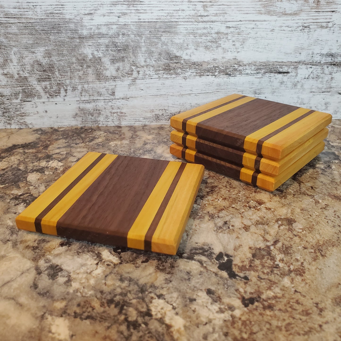 Premium handmade Sunflower Fields coasters made from walnut and yellow heart by Lone Wolf Wood Designs