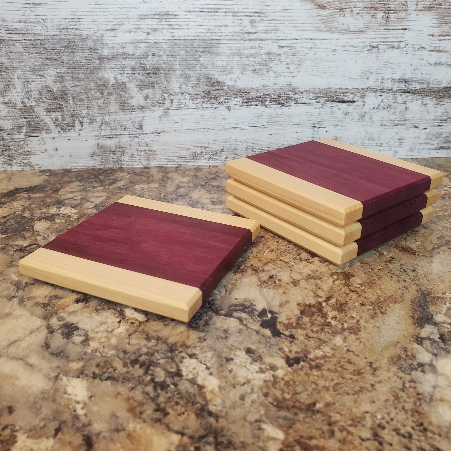 Premium handmade Semper Fi coasters made from maple and purple heart by Lone Wolf Wood Designs