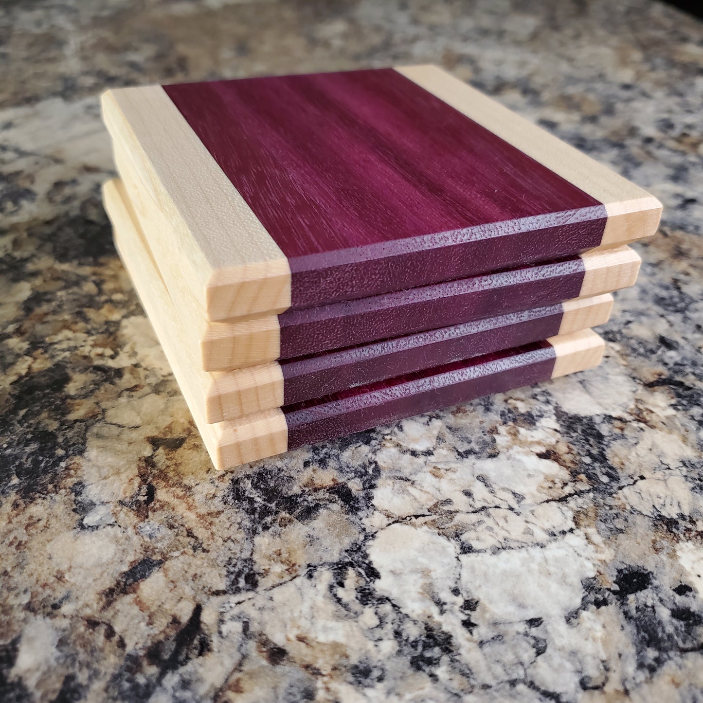 Premium handmade Semper Fi coasters made from maple and purple heart by Lone Wolf Wood Designs
