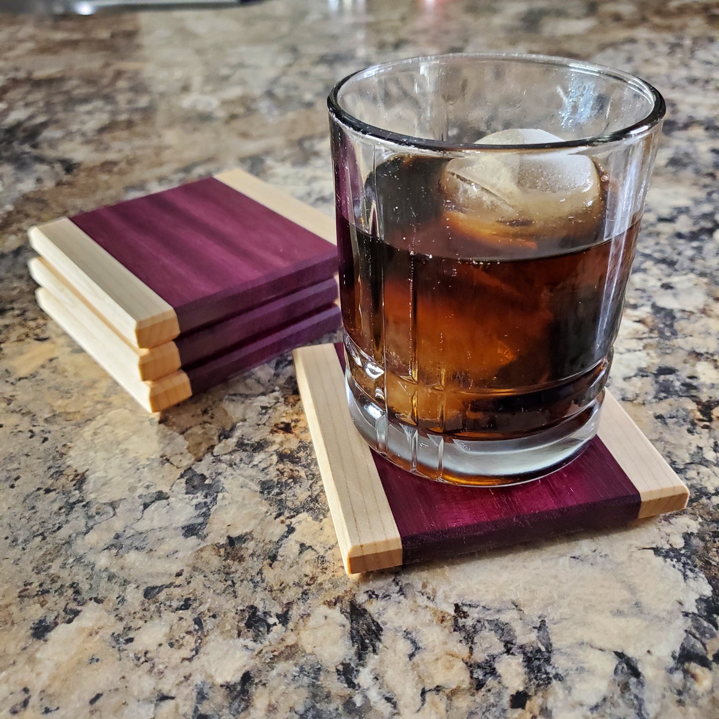Premium handmade Semper Fi coasters made from maple and purple heart by Lone Wolf Wood Designs