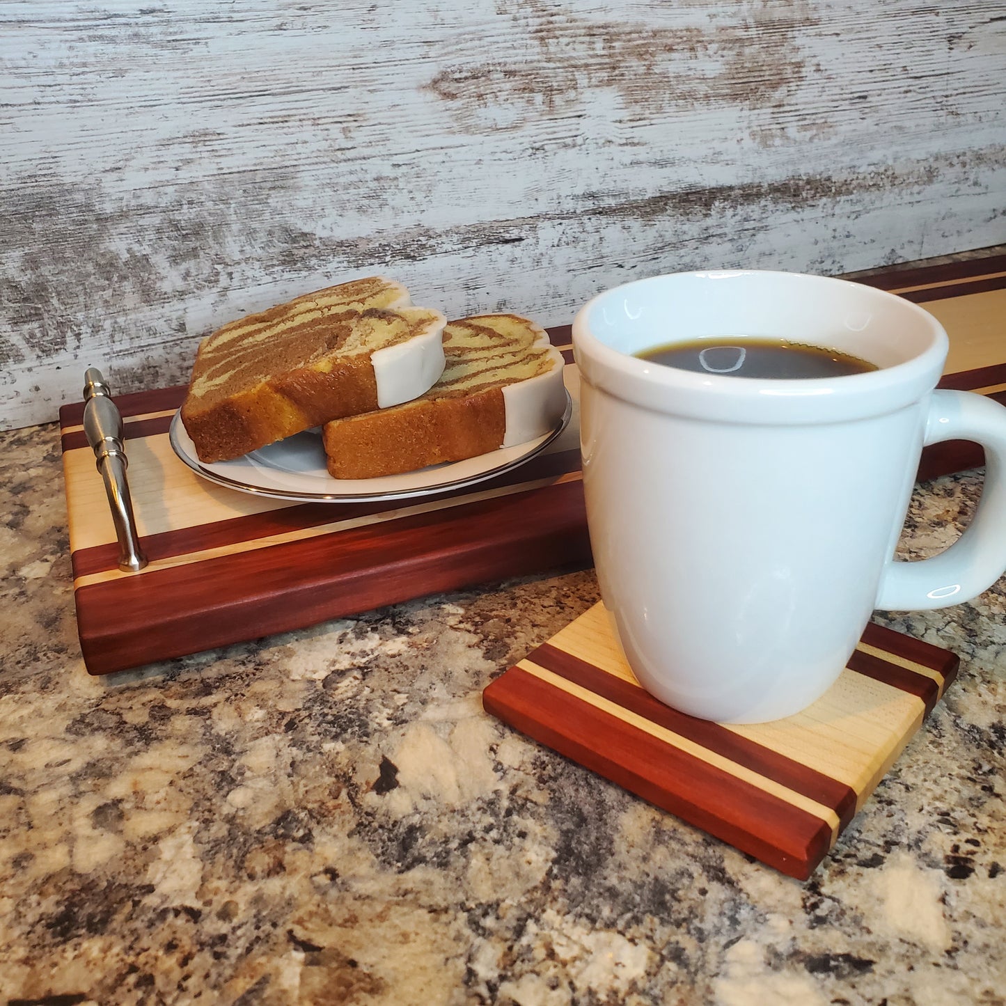 Premium handmade Winter Bliss Serving Tray made with maple and red heart, shown with coordinating coaster, both by Lone Wolf Wood Designs