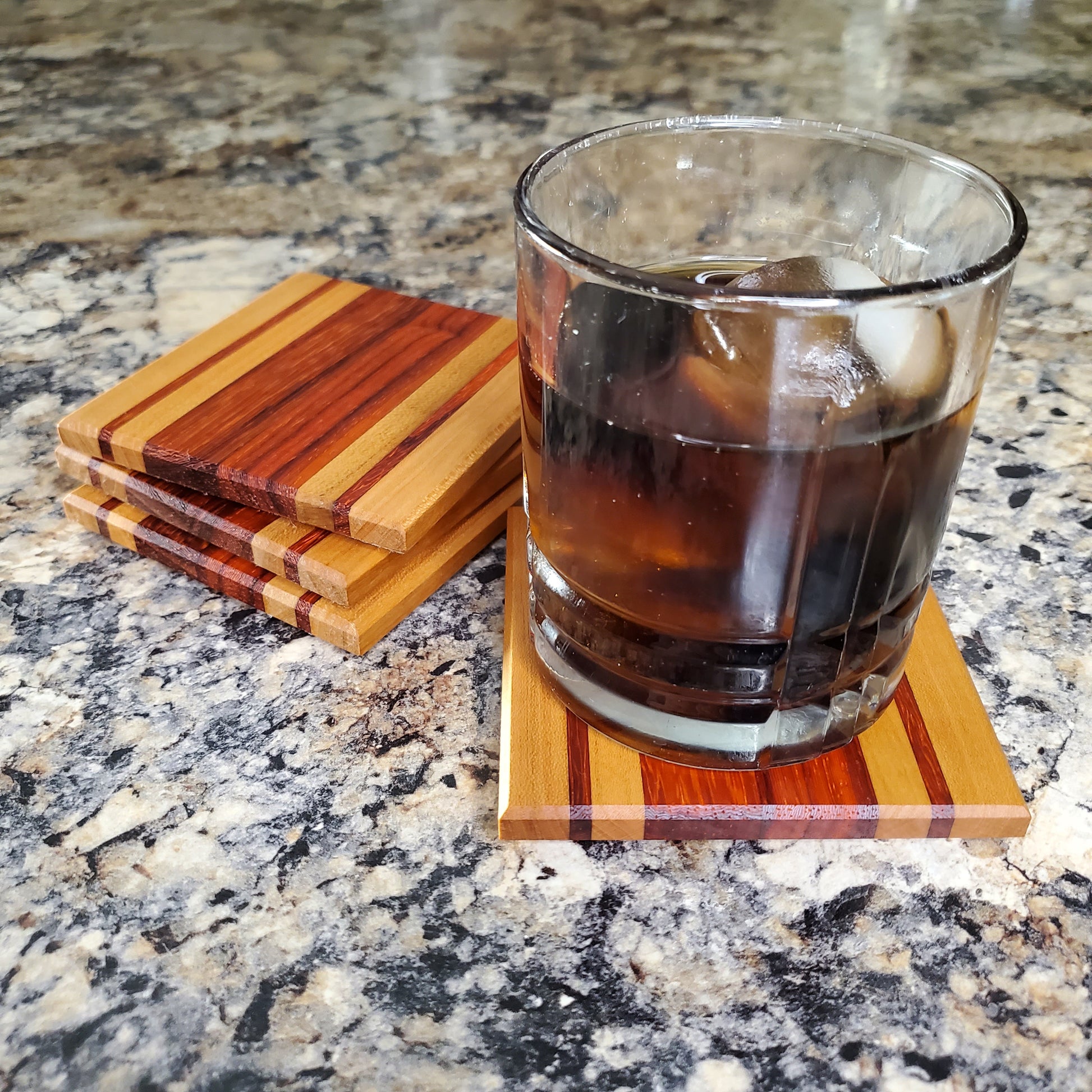 Premium handmade Autumn Glow coasters made from cherry and padauk by Lone Wolf Wood Designs